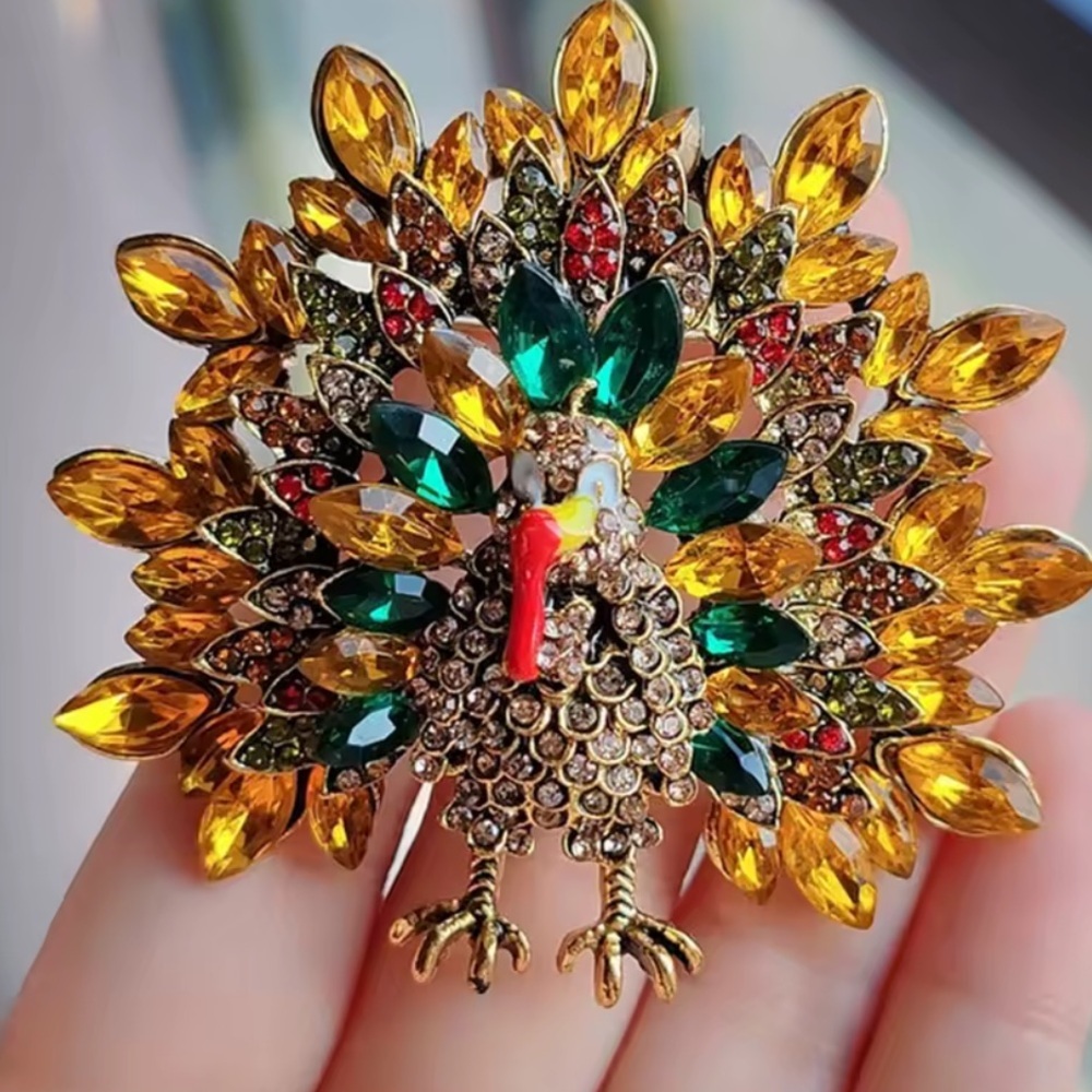 Classic Thanksgiving Colorful Turkey Brooch Pin with Gold Base and Sparkling